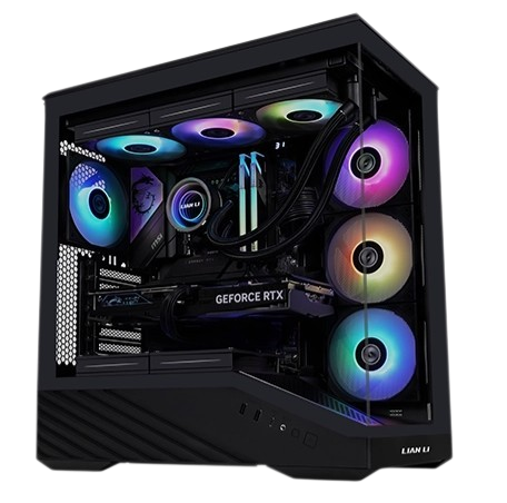 Home Detailed view of a gaming PC build featuring a GeForce RTX graphics card and RGB lighting in a sleek black case.