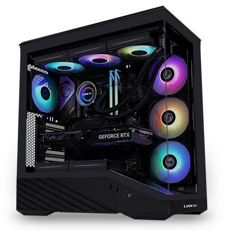 Home Detailed view of a gaming PC build featuring a GeForce RTX graphics card and RGB lighting in a sleek black case.